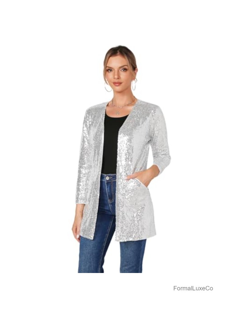 Sequin Open Front Blazer Jacket Long Sleeve Sparkly Party Cardigan Coat